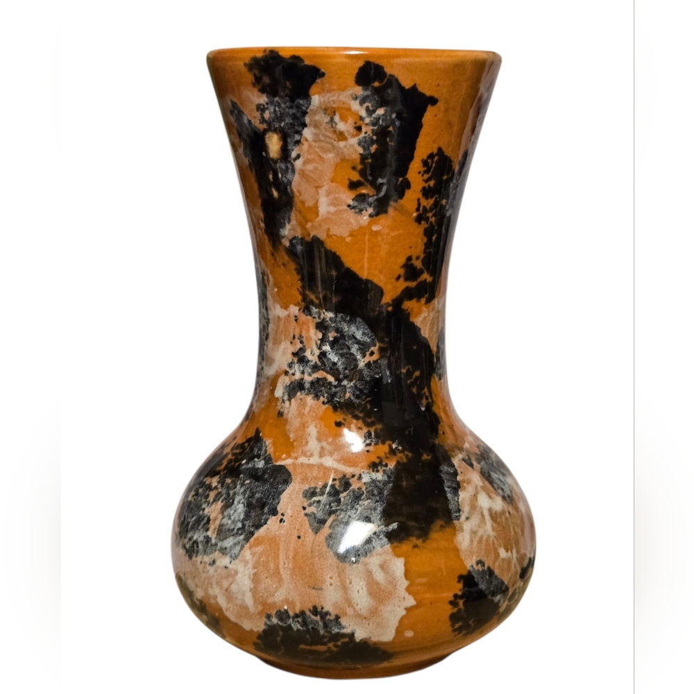 Vintage Redware Spongeware Vase 7 Inch   black, white, orange